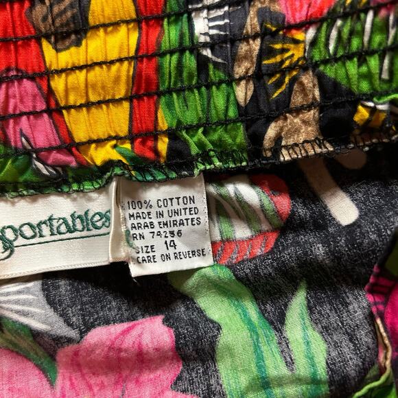 Vintage 90s Pleated Shorts 28x7 Elastic Waist High Rise Tropical Fish Pink Green - Picture 4 of 4